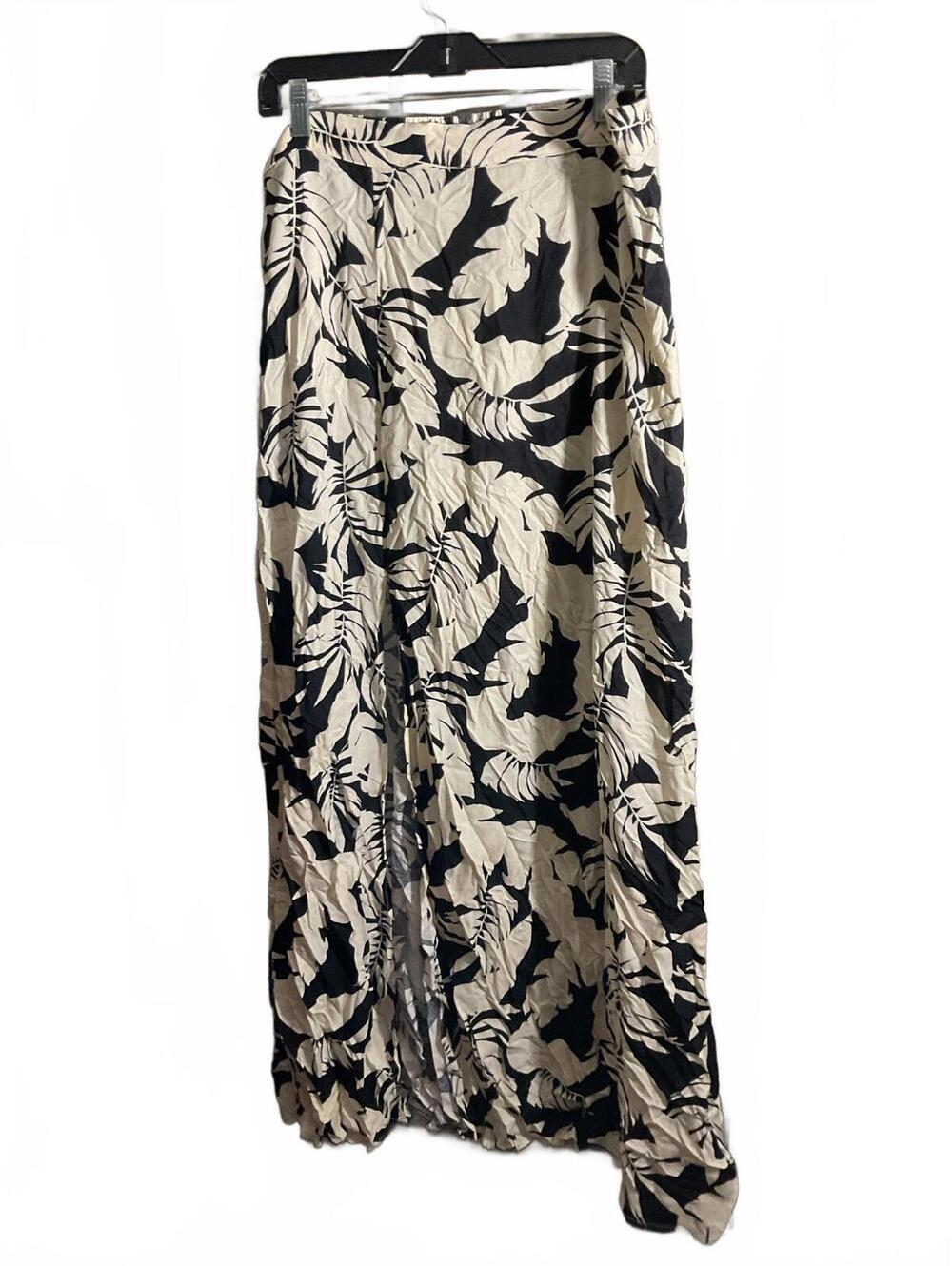 Tribal  Black and Cream Leaf Print Maxi Skirt with Front Vent XL